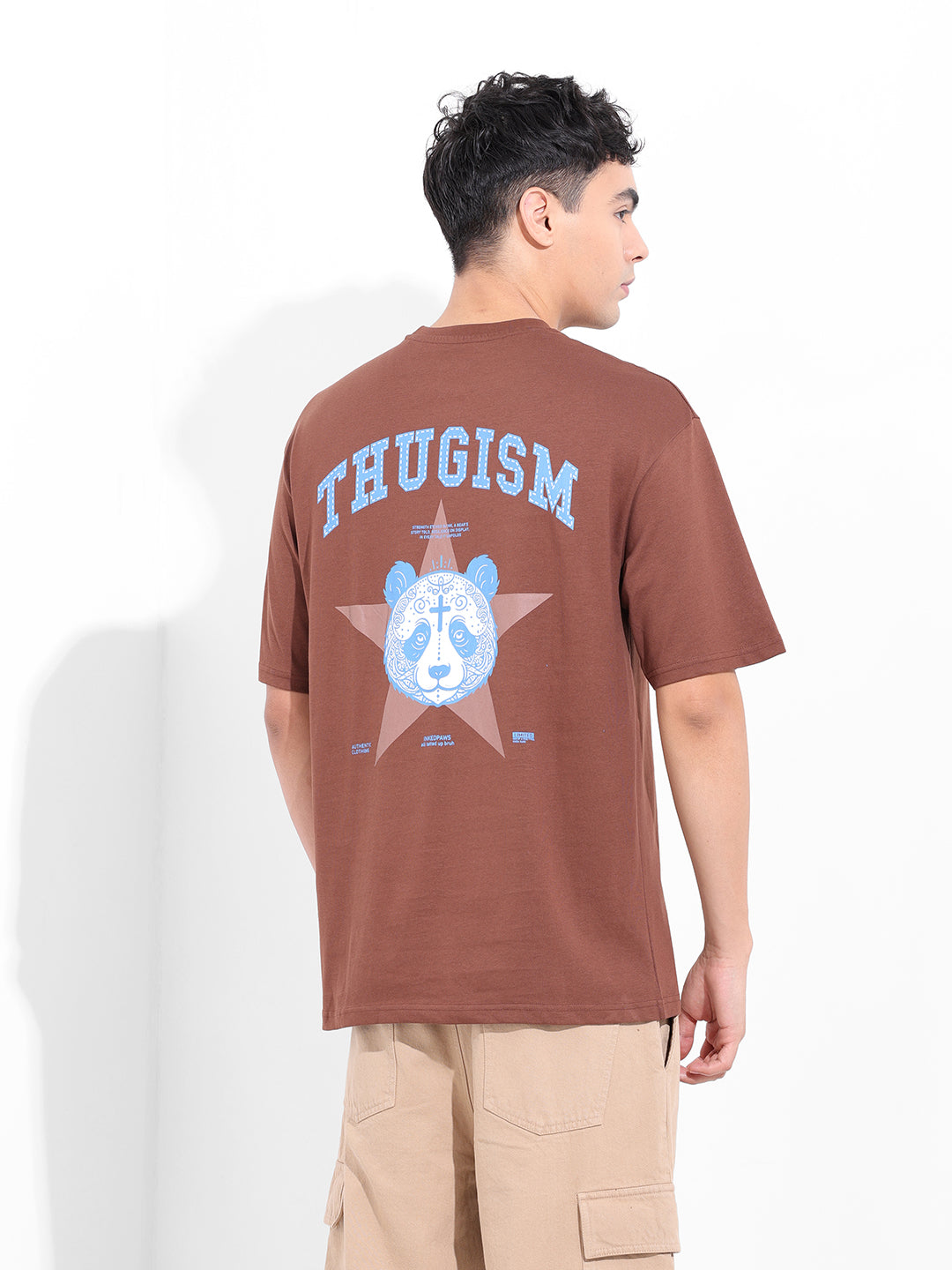 Men's Brown Boxy Oversized Graphic Back Printed Round Neck T-shirt