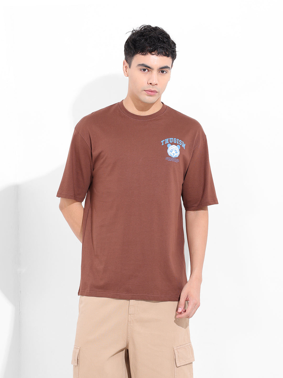 Men's Brown Boxy Oversized Graphic Back Printed Round Neck T-shirt