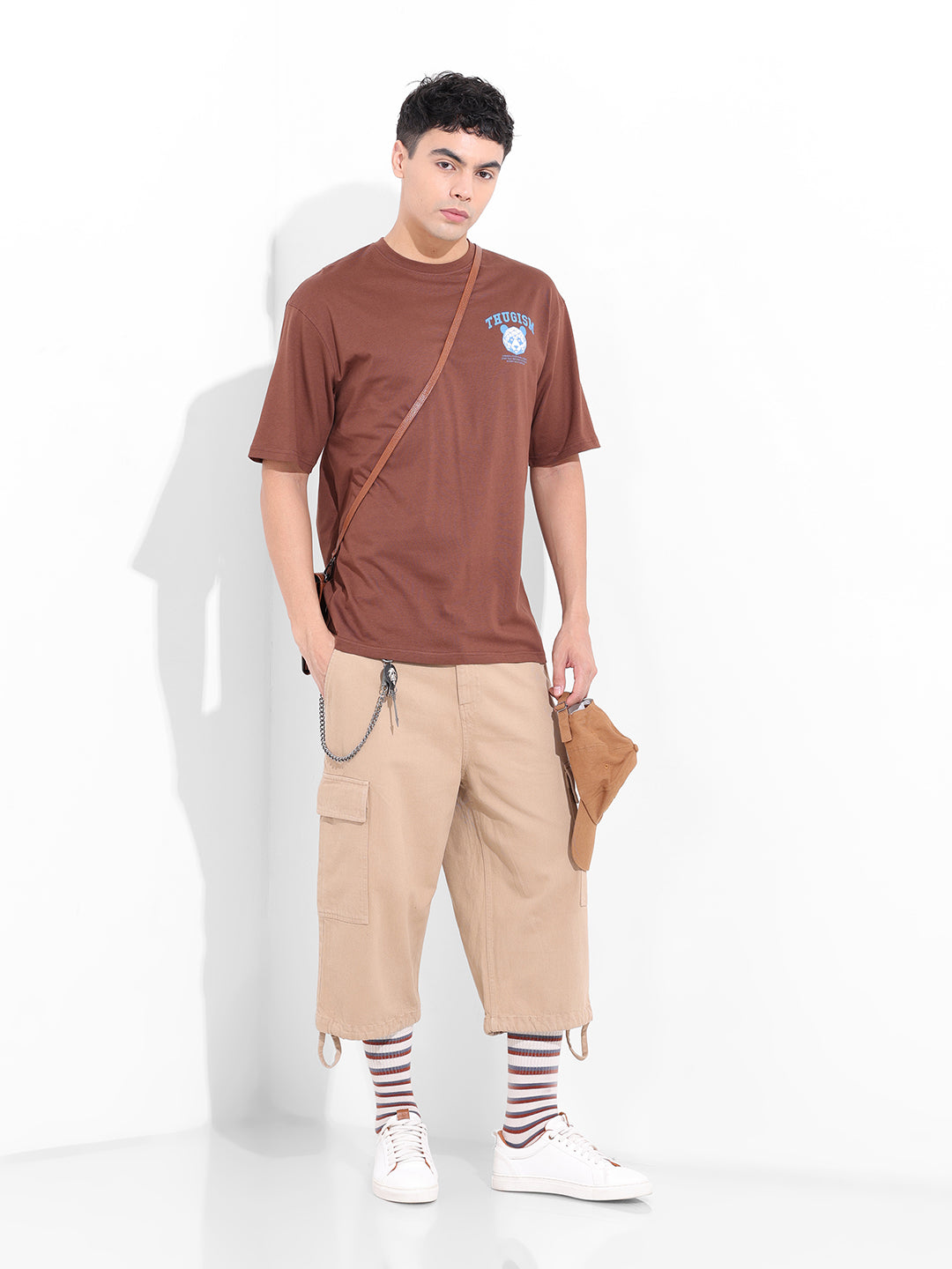 Men's Brown Boxy Oversized Graphic Back Printed Round Neck T-shirt