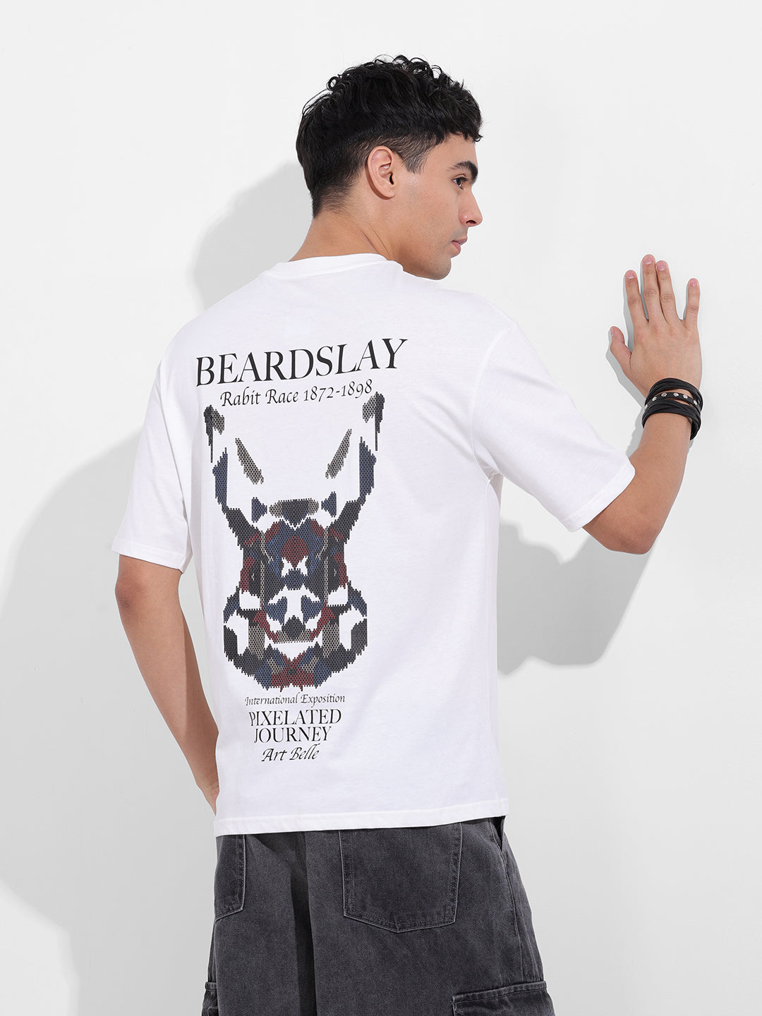 Men's White Boxy Oversized Graphic Back Printed Round Neck T-shirt