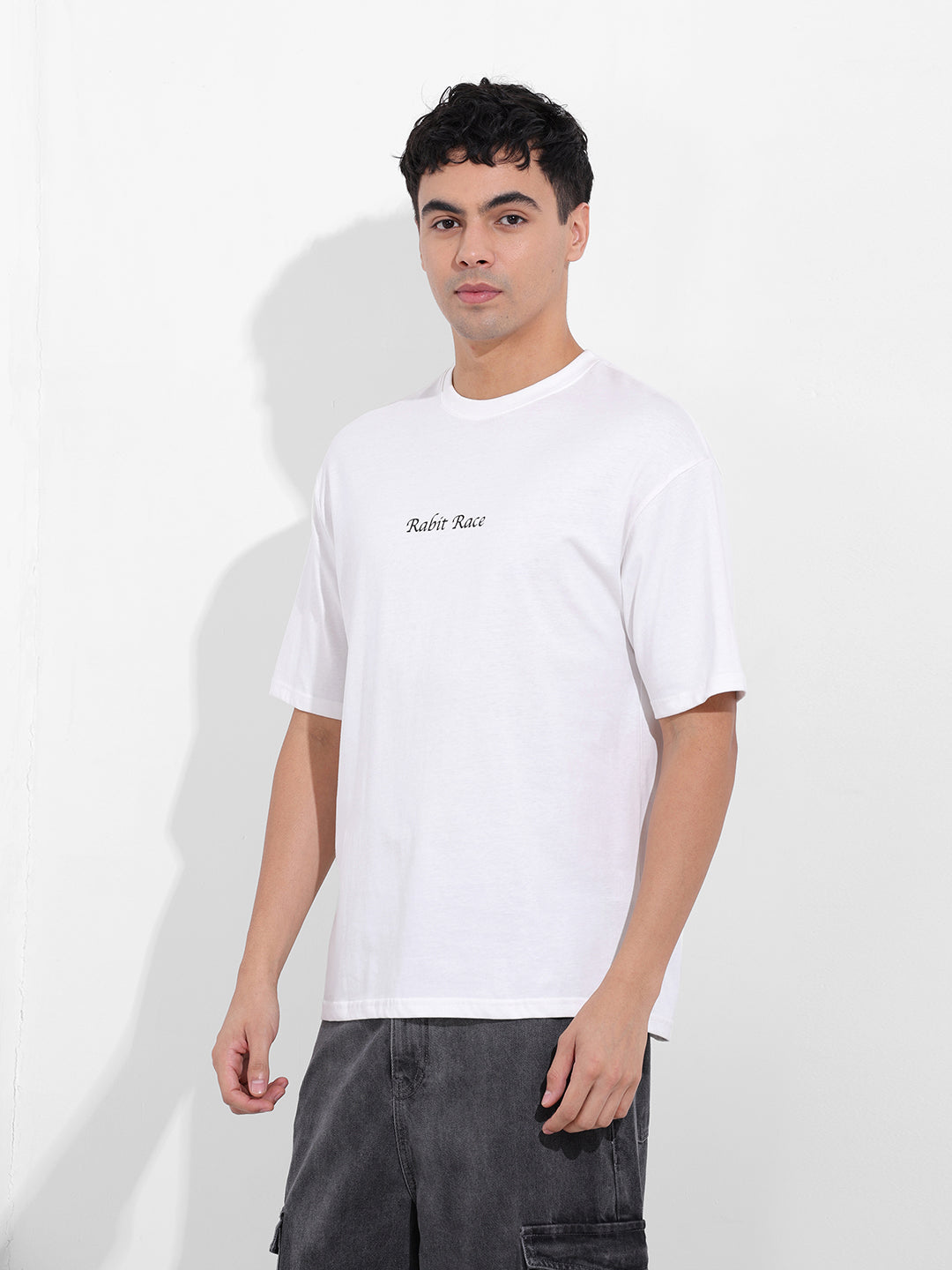 Men's White Boxy Oversized Graphic Back Printed Round Neck T-shirt