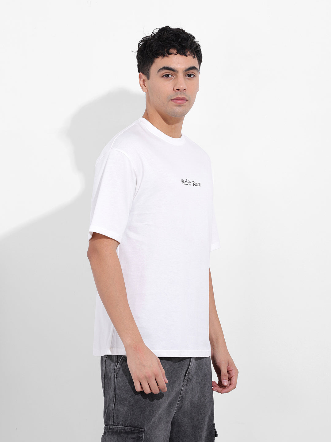Men's White Boxy Oversized Graphic Back Printed Round Neck T-shirt