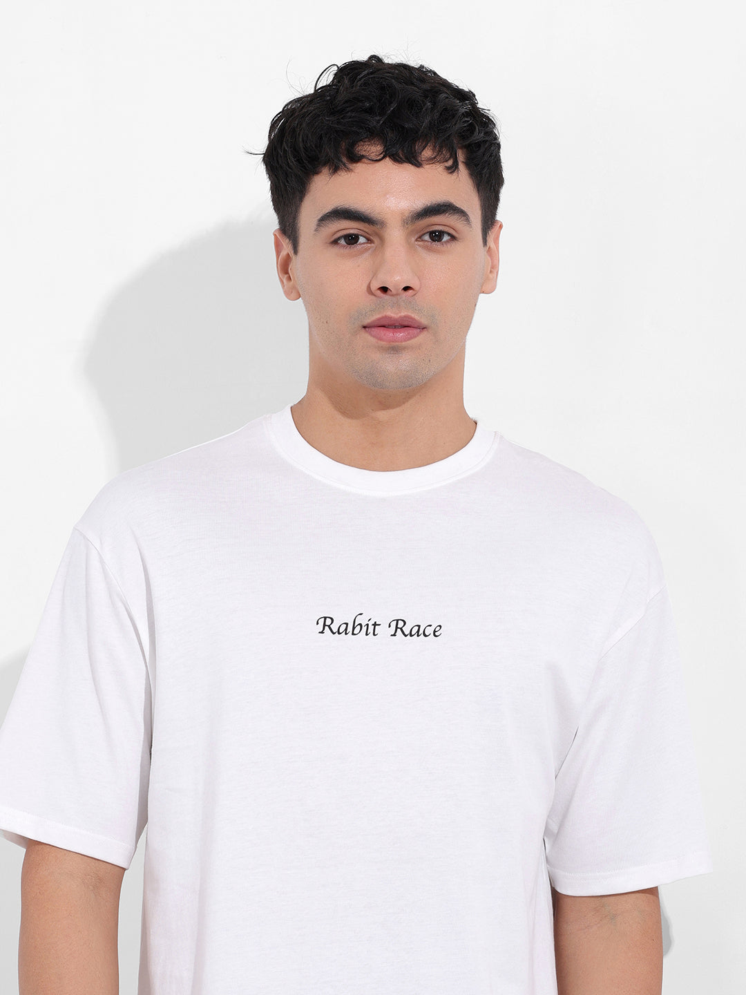 Men's White Boxy Oversized Graphic Back Printed Round Neck T-shirt