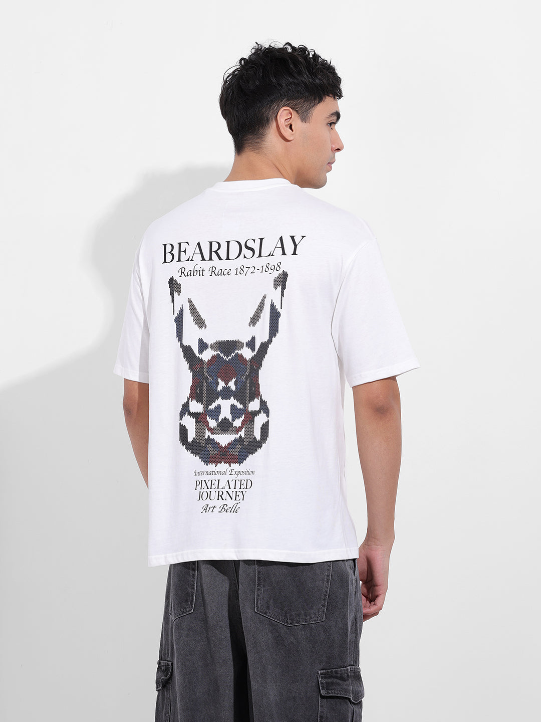 Men's White Boxy Oversized Graphic Back Printed Round Neck T-shirt