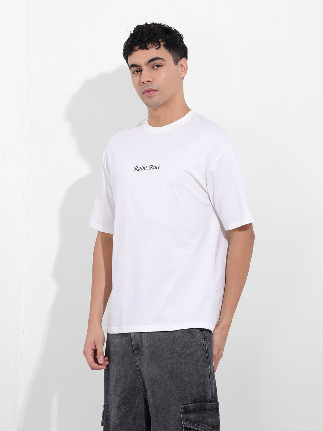 Men's White Boxy Oversized Graphic Back Printed Round Neck T-shirt