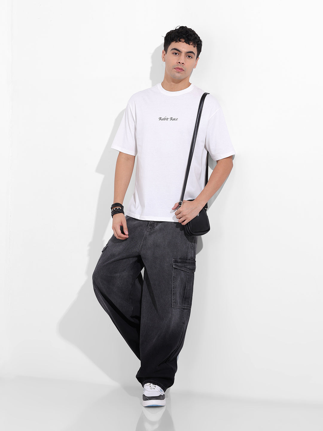 Men's White Boxy Oversized Graphic Back Printed Round Neck T-shirt