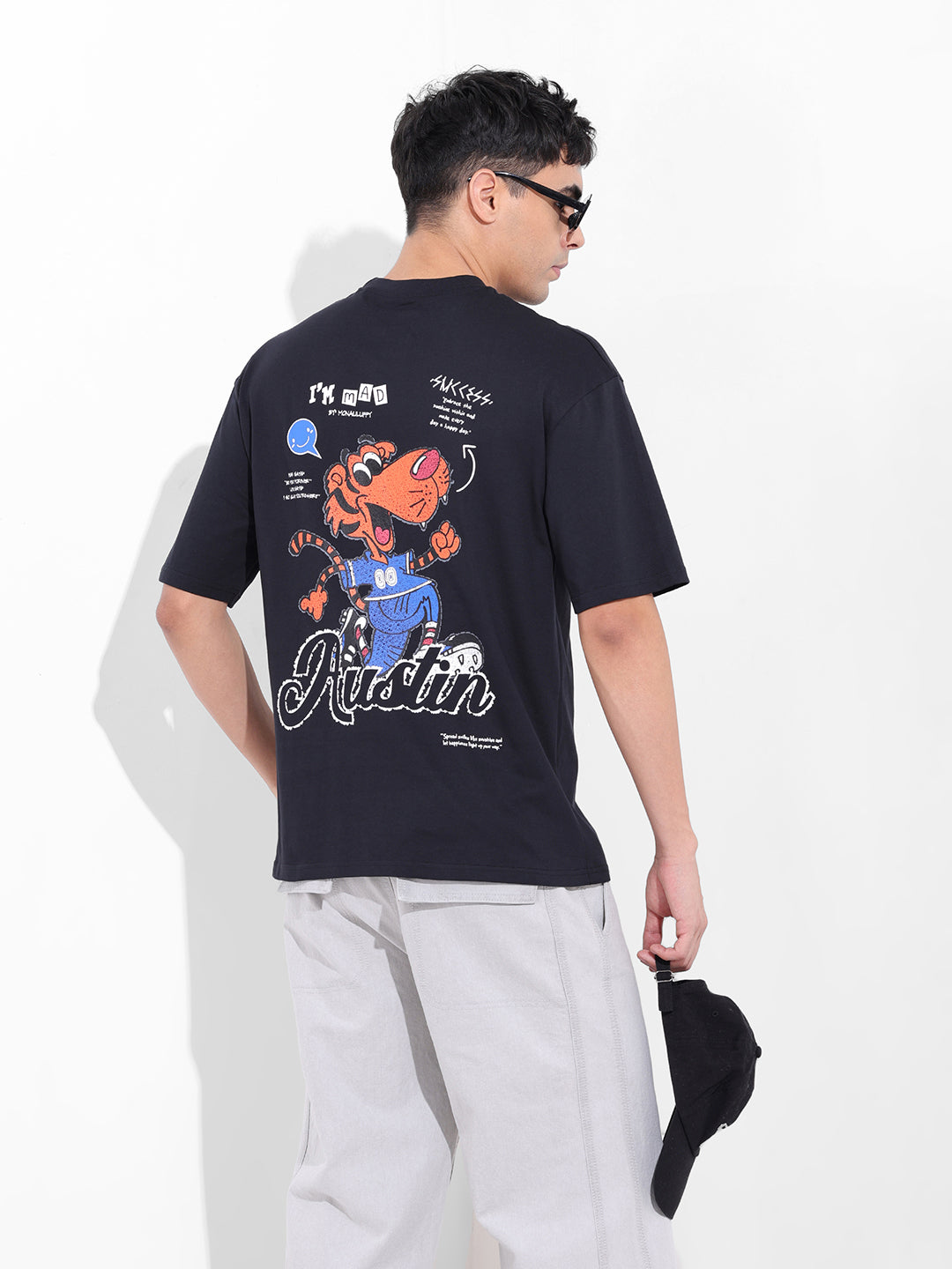 Men's Black Boxy Oversized Graphic Back Printed Round Neck T-shirt