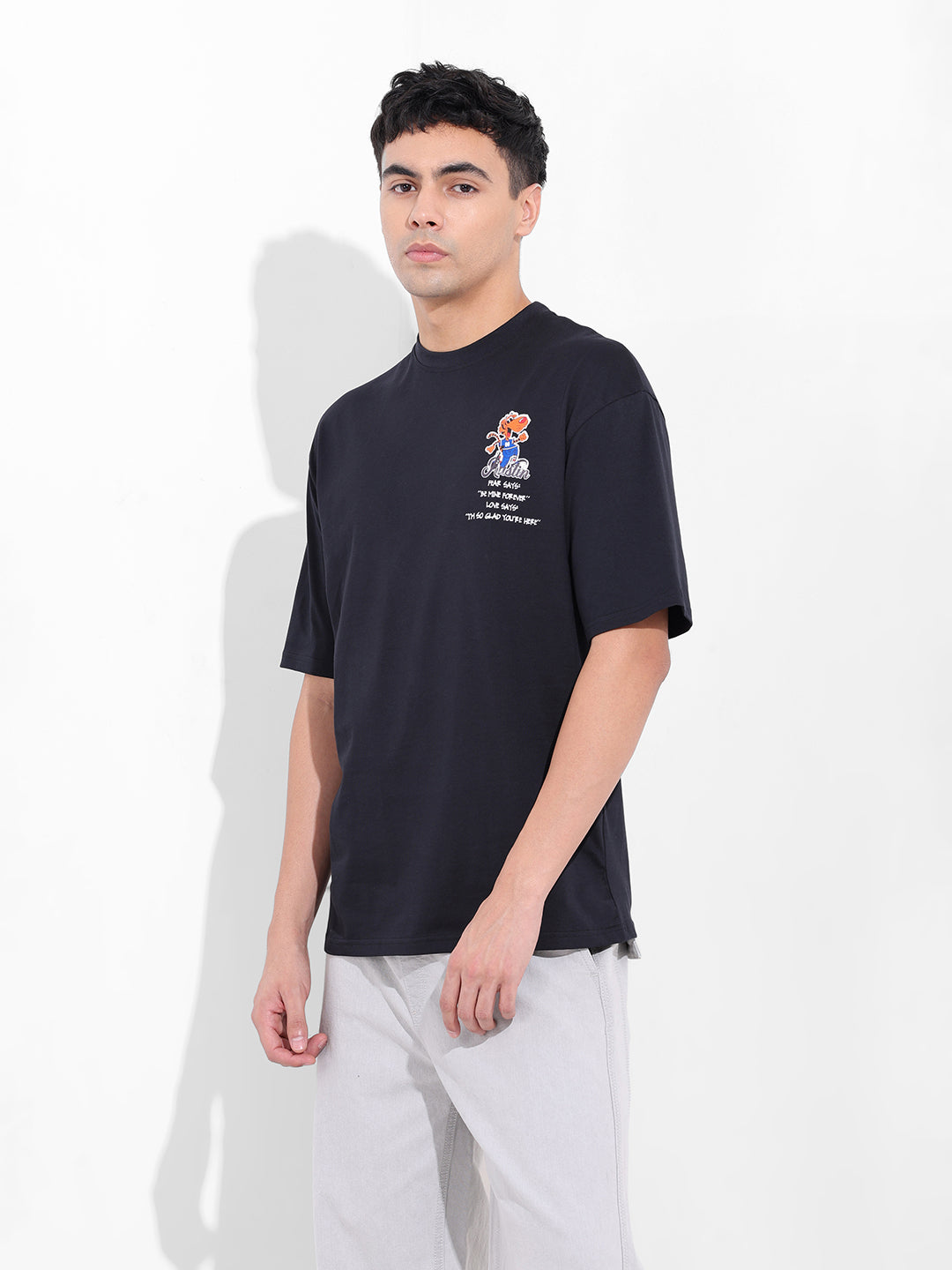 Men's Black Boxy Oversized Graphic Back Printed Round Neck T-shirt