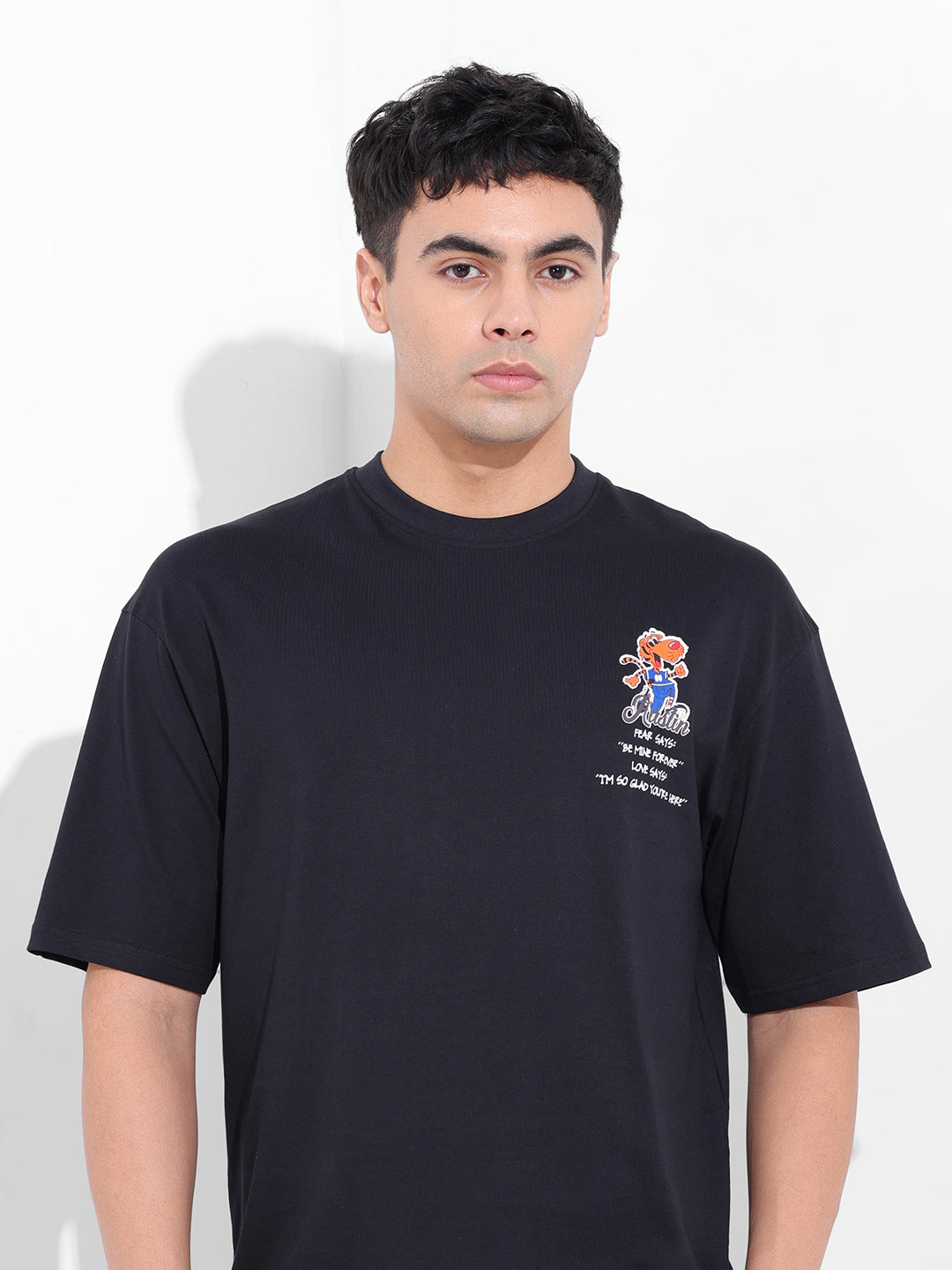 Men's Black Boxy Oversized Graphic Back Printed Round Neck T-shirt