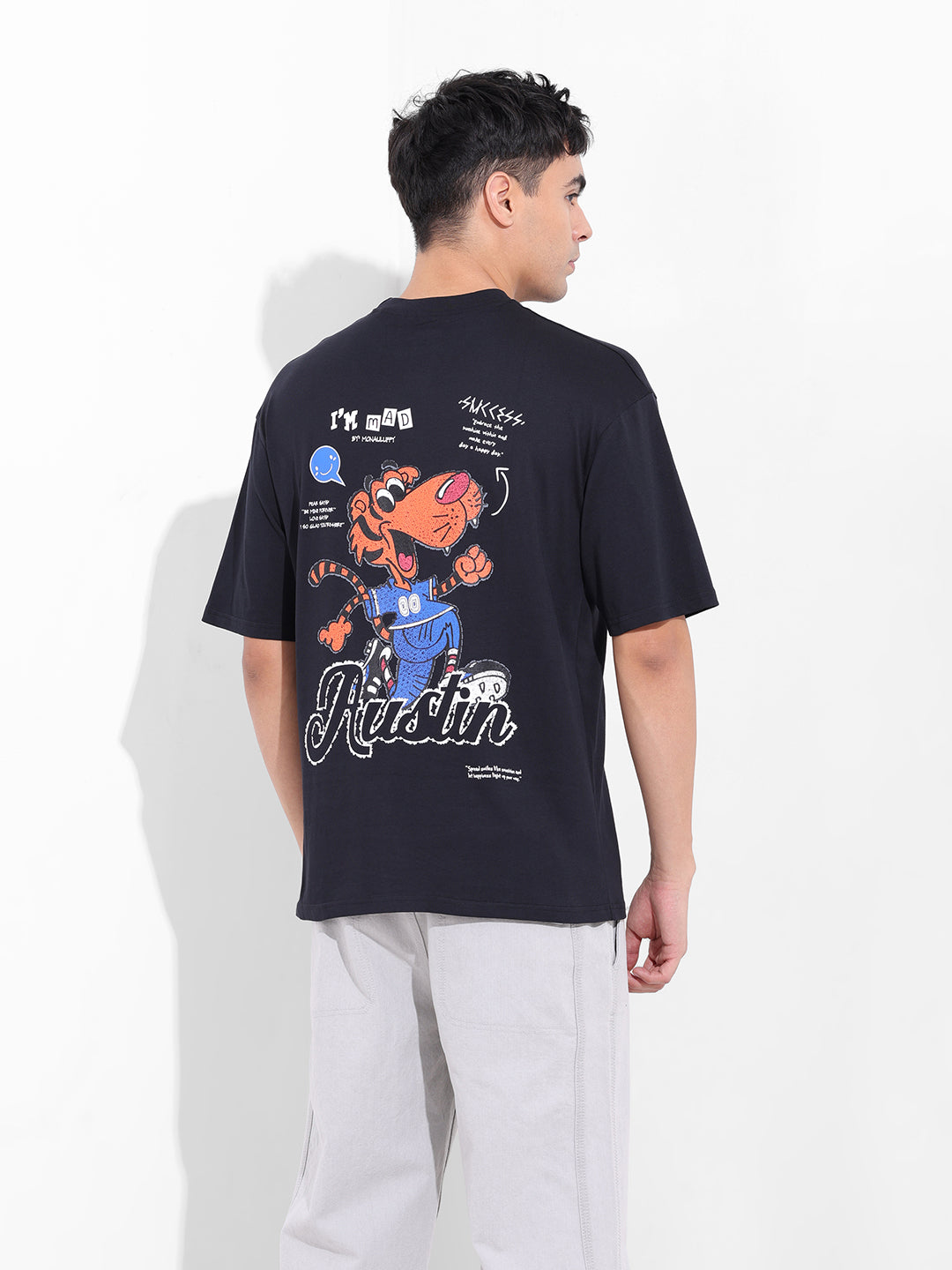 Men's Black Boxy Oversized Graphic Back Printed Round Neck T-shirt