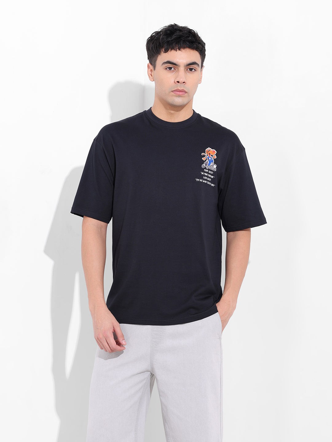 Men's Black Boxy Oversized Graphic Back Printed Round Neck T-shirt