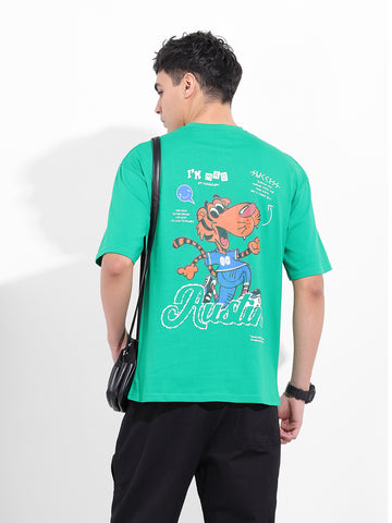 Men's Green Boxy Oversized Graphic Back Printed Round Neck T-shirt
