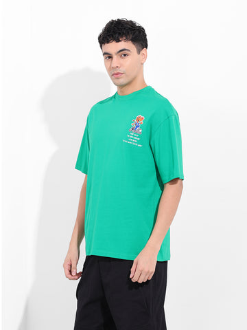 Men's Green Boxy Oversized Graphic Back Printed Round Neck T-shirt