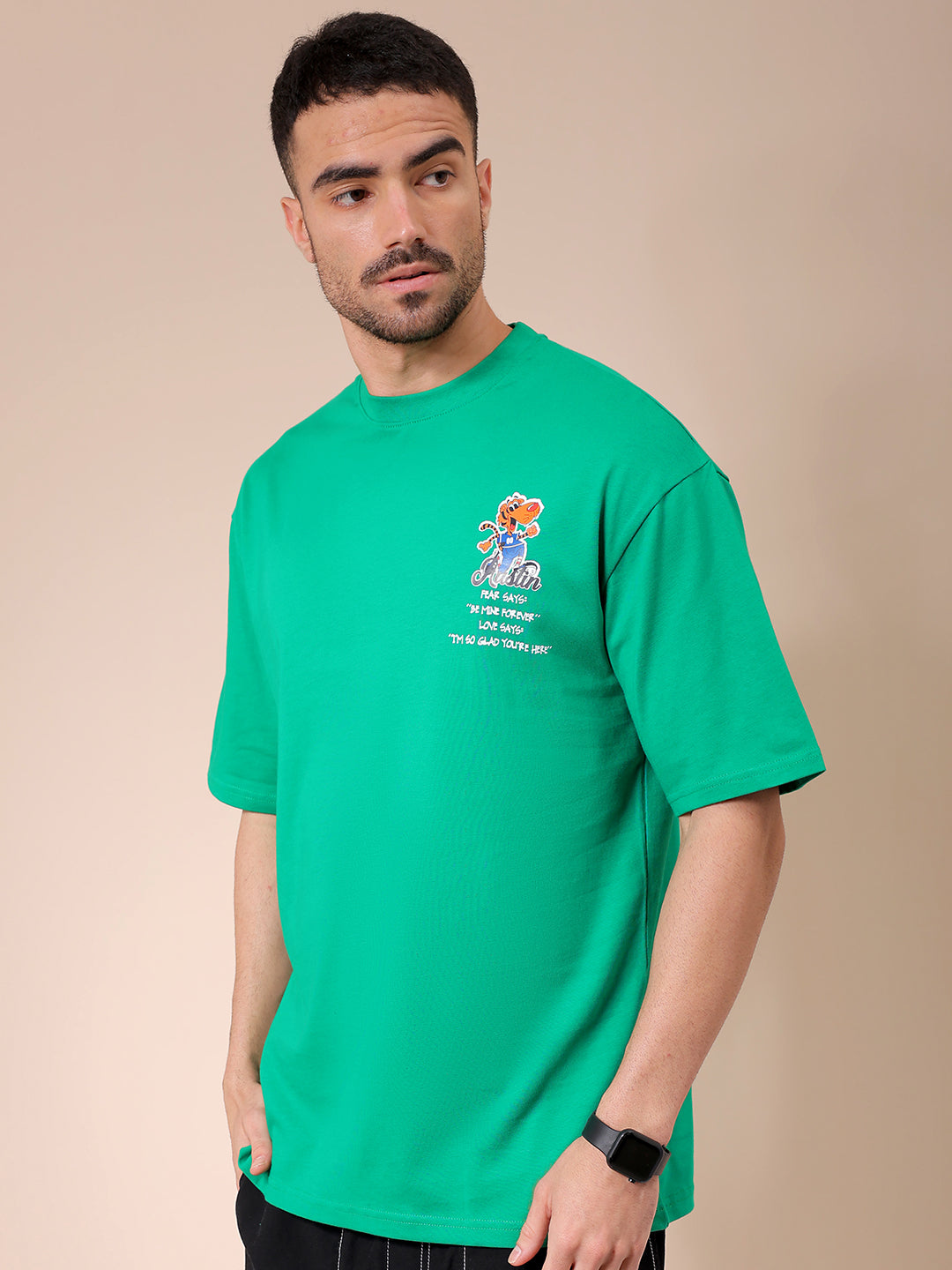 Men's Green Oversized Graphic Back Printed T-Shirt