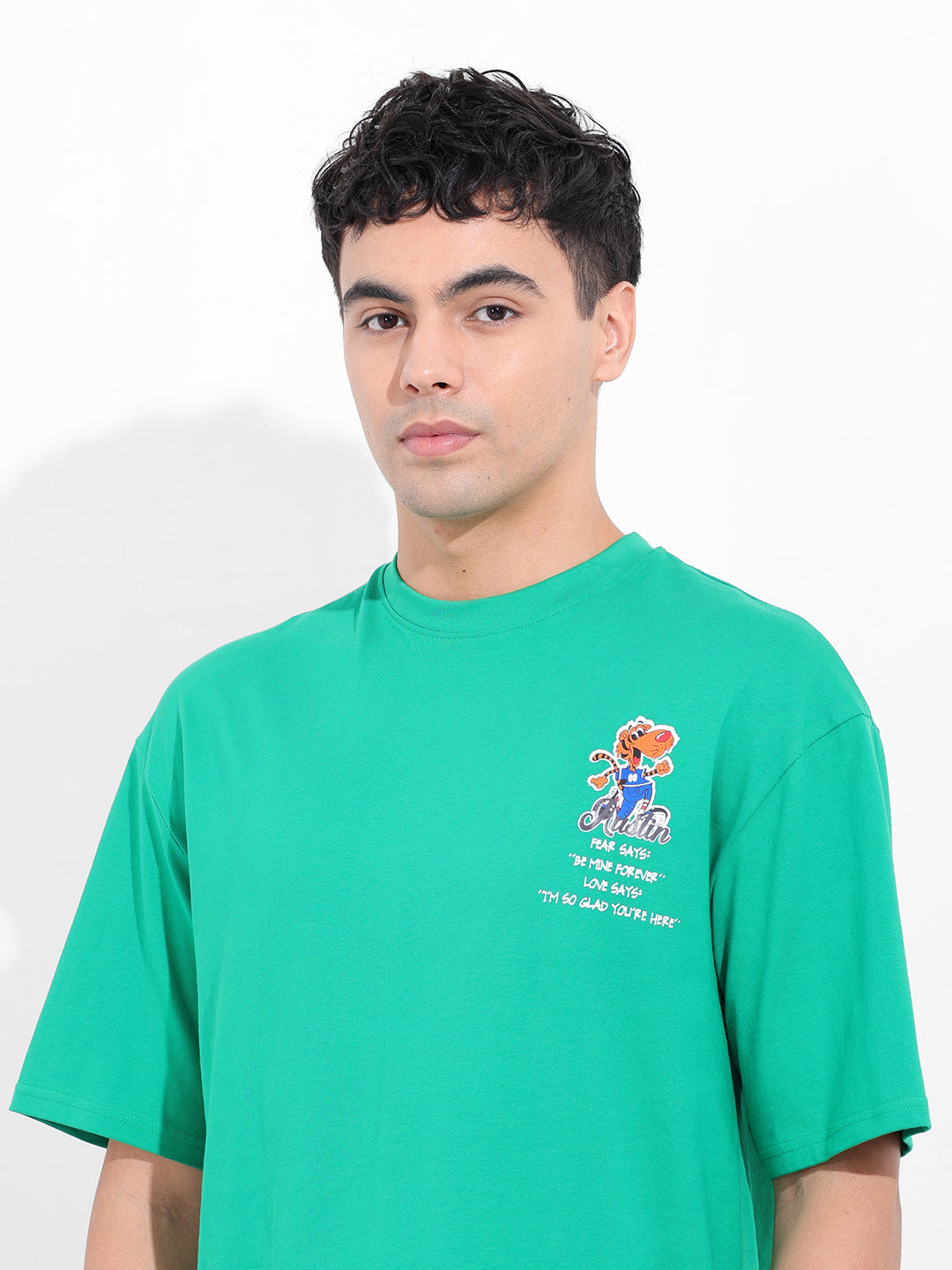 Men's Green Boxy Oversized Graphic Back Printed Round Neck T-shirt