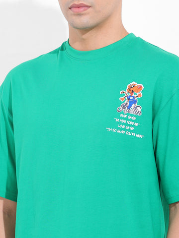 Men's Green Boxy Oversized Graphic Back Printed Round Neck T-shirt