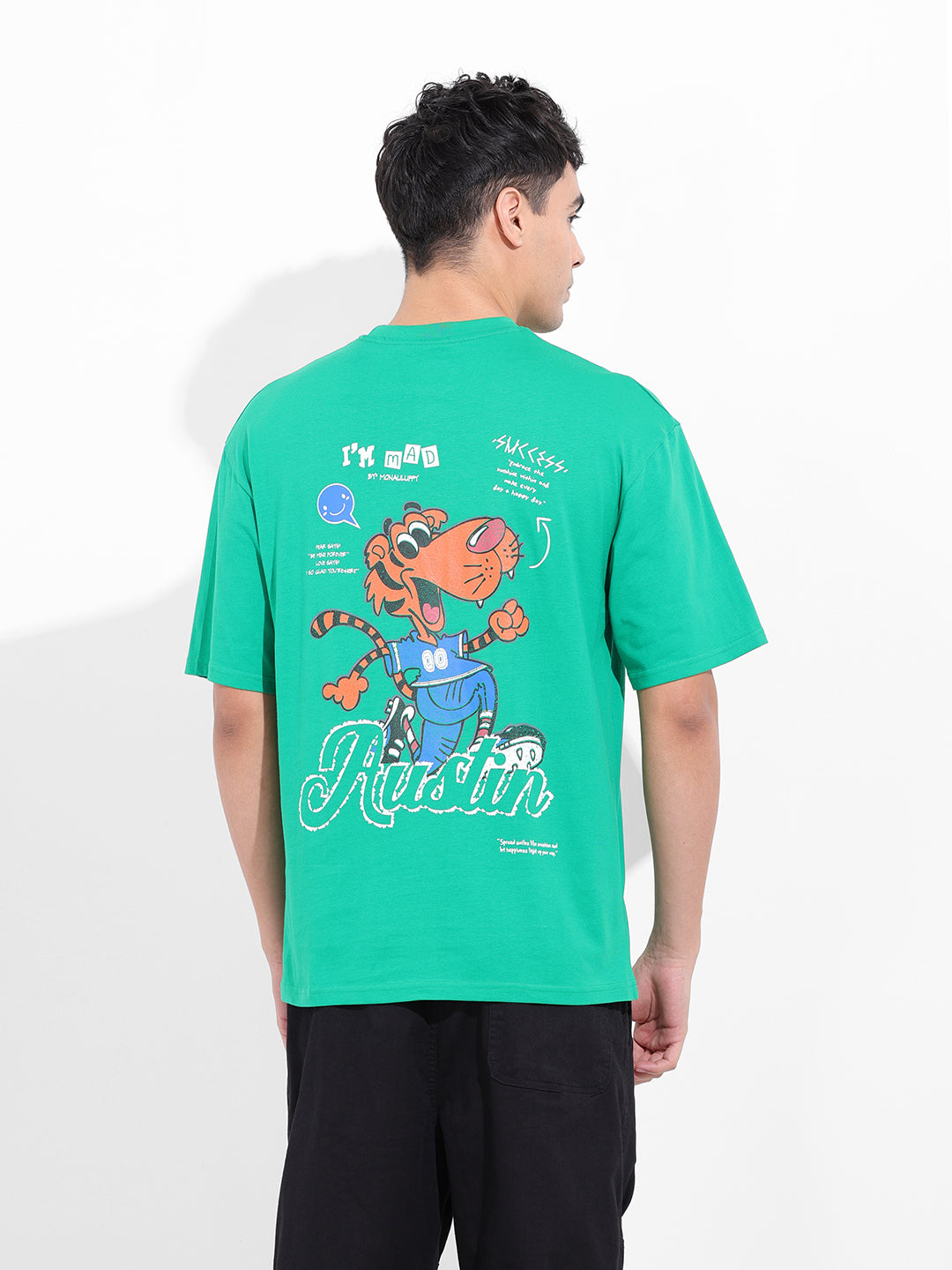Men's Green Boxy Oversized Graphic Back Printed Round Neck T-shirt