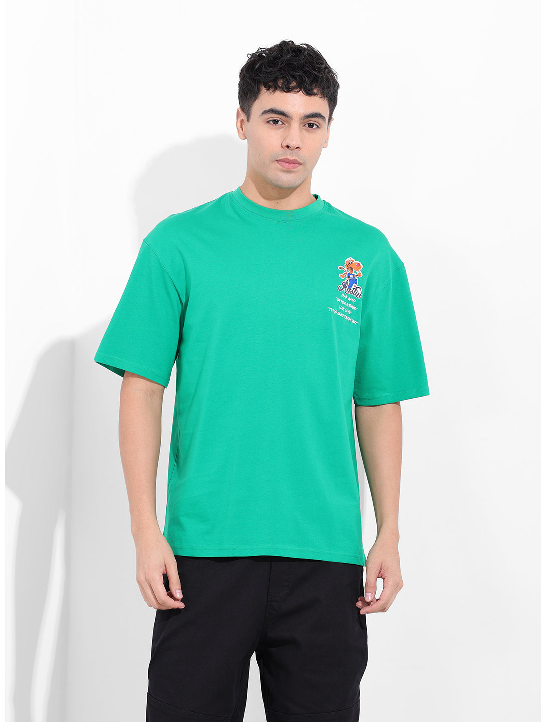 Men's Green Boxy Oversized Graphic Back Printed Round Neck T-shirt