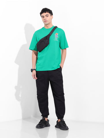 Men's Green Boxy Oversized Graphic Back Printed Round Neck T-shirt
