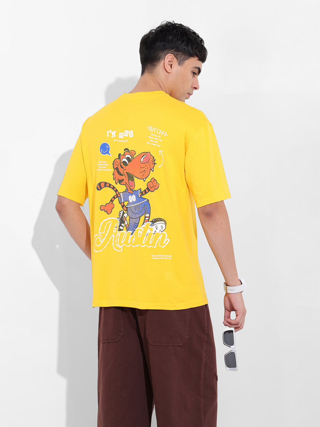 Men's Yellow Boxy Oversized Graphic Back Printed Round Neck T-shirt