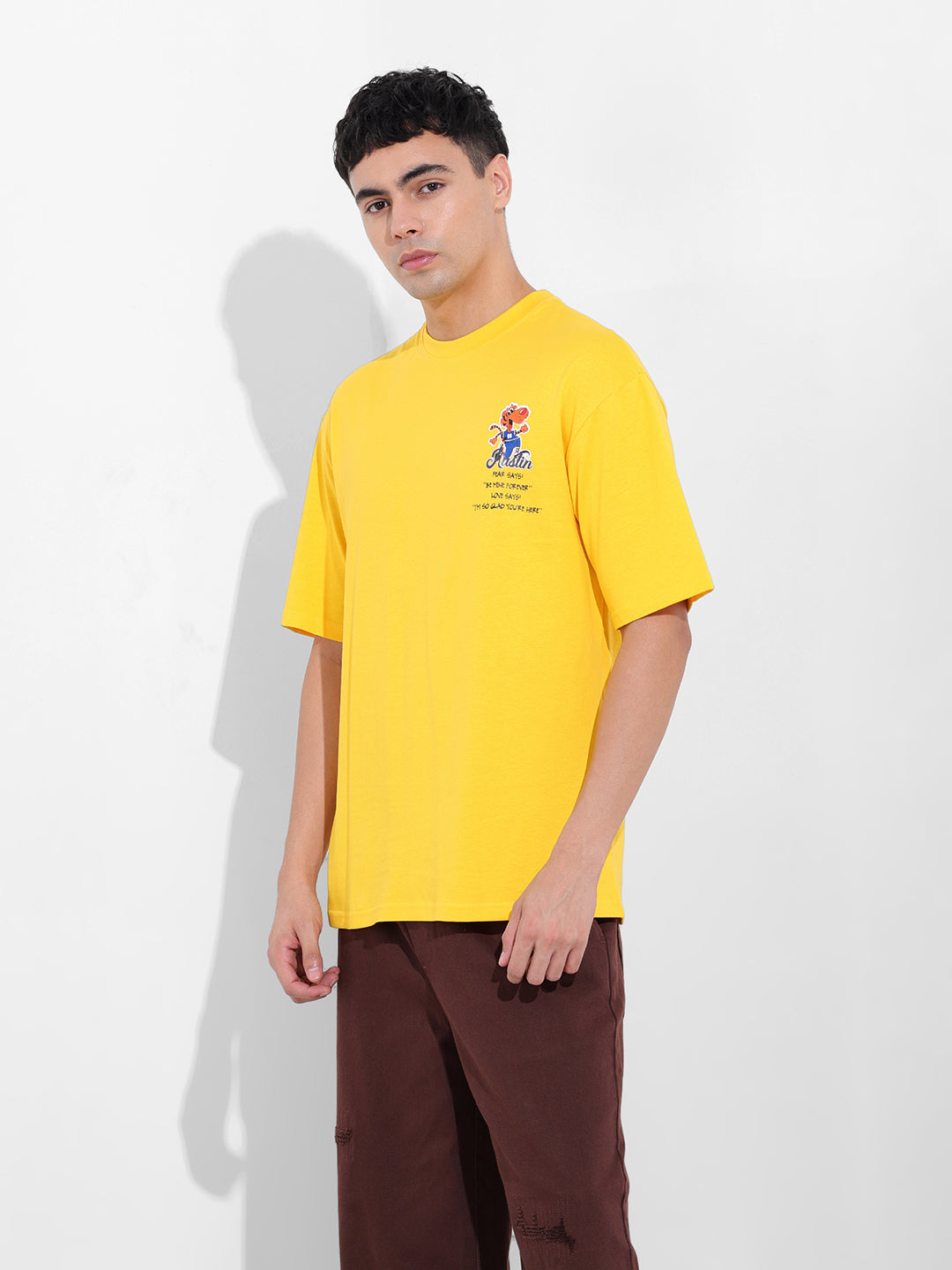 Men's Yellow Boxy Oversized Graphic Back Printed Round Neck T-shirt