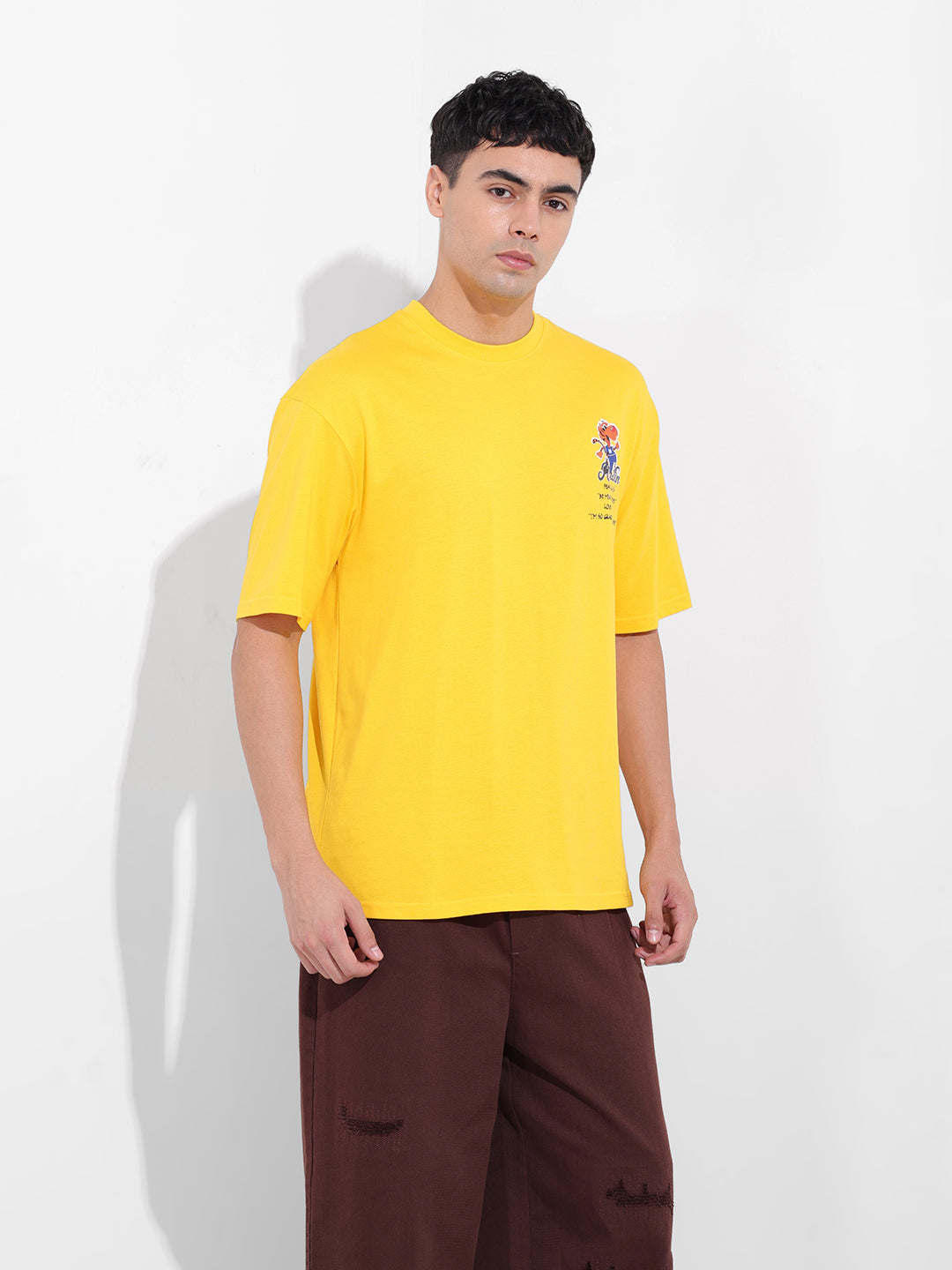 Men's Yellow Boxy Oversized Graphic Back Printed Round Neck T-shirt