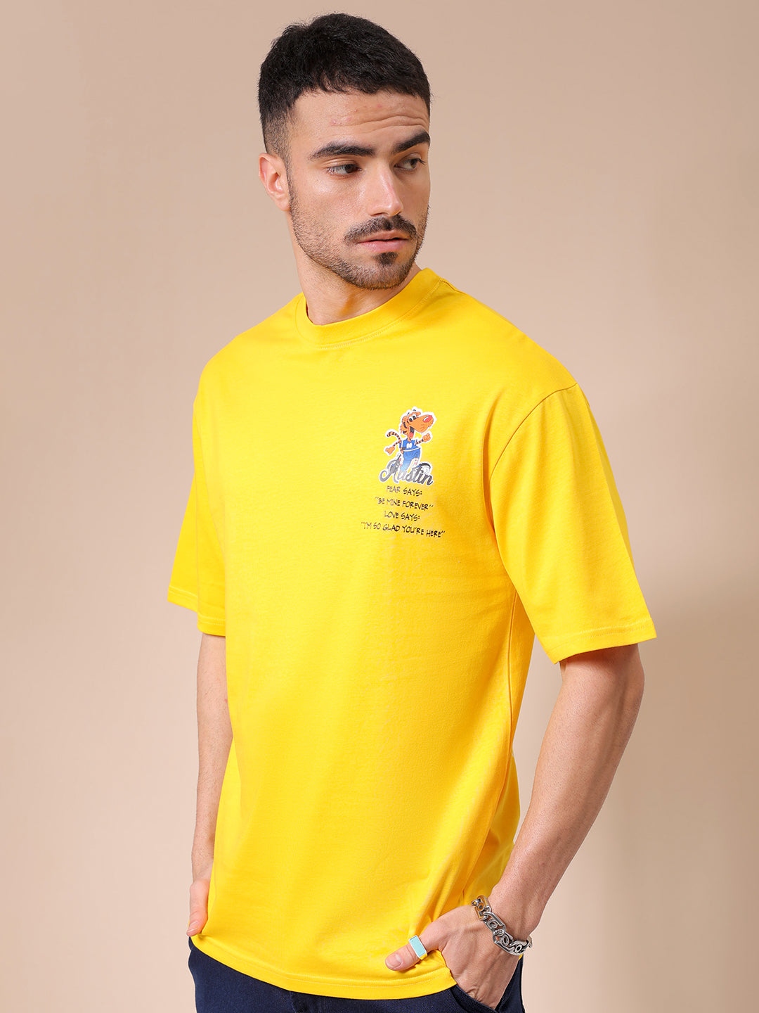 Men's Yellow Oversized Graphic Back Printed T-Shirt