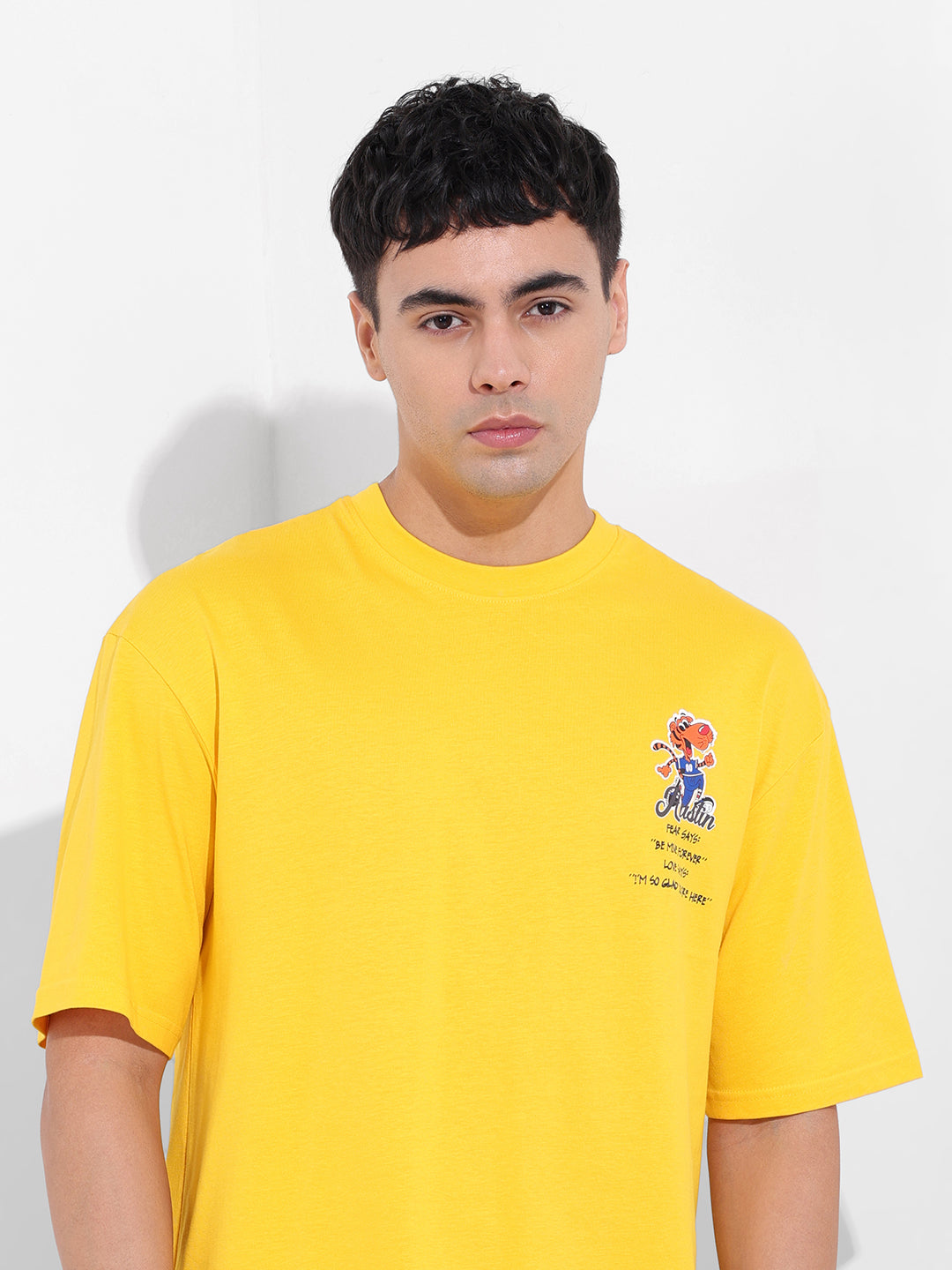Men's Yellow Boxy Oversized Graphic Back Printed Round Neck T-shirt