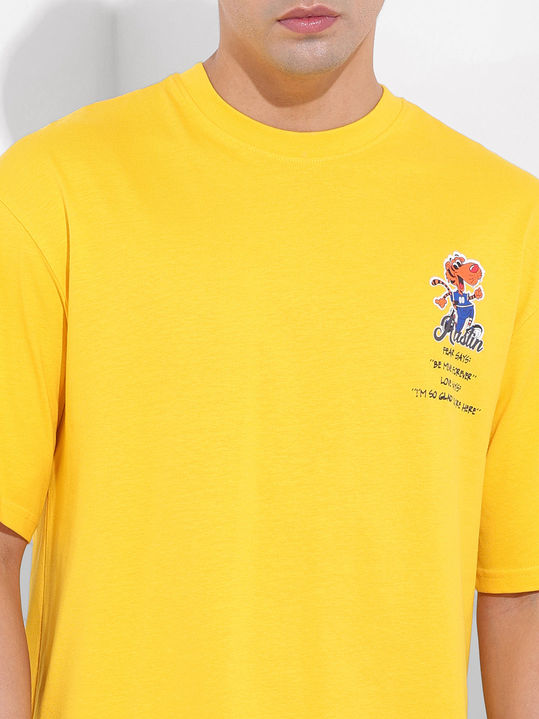 Men's Yellow Boxy Oversized Graphic Back Printed Round Neck T-shirt