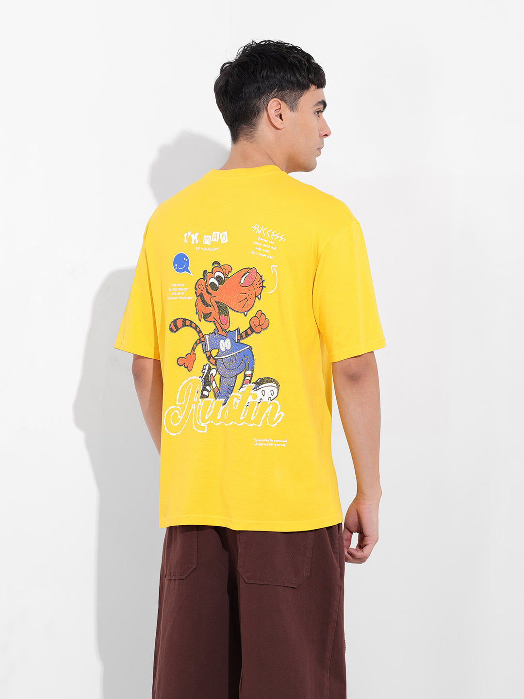 Men's Yellow Boxy Oversized Graphic Back Printed Round Neck T-shirt