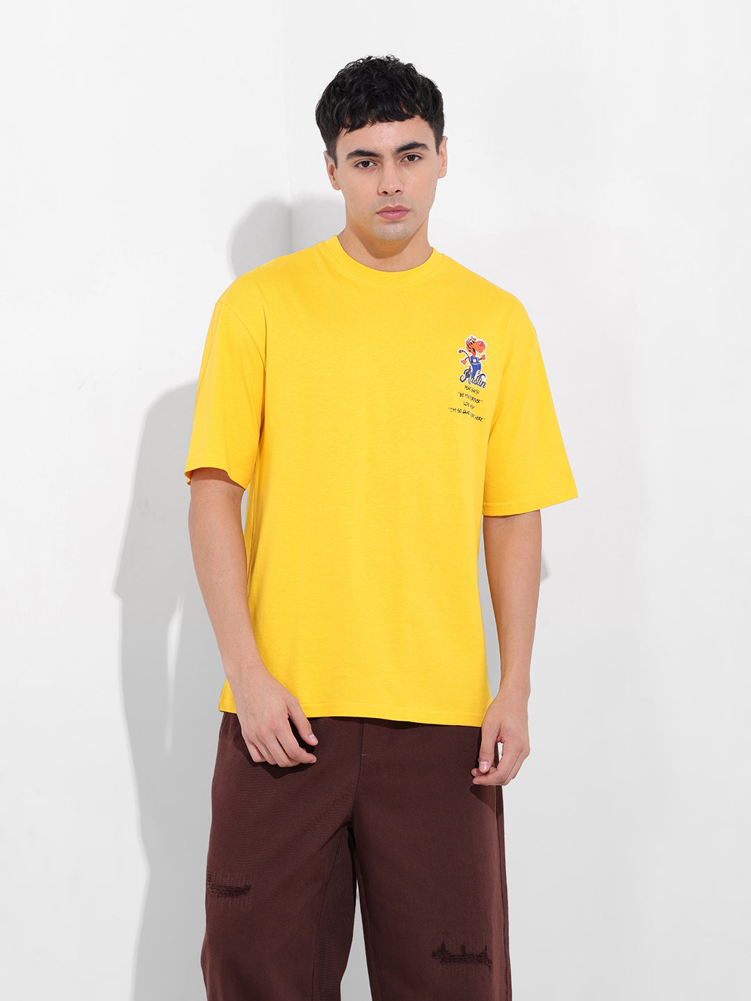 Men's Yellow Boxy Oversized Graphic Back Printed Round Neck T-shirt