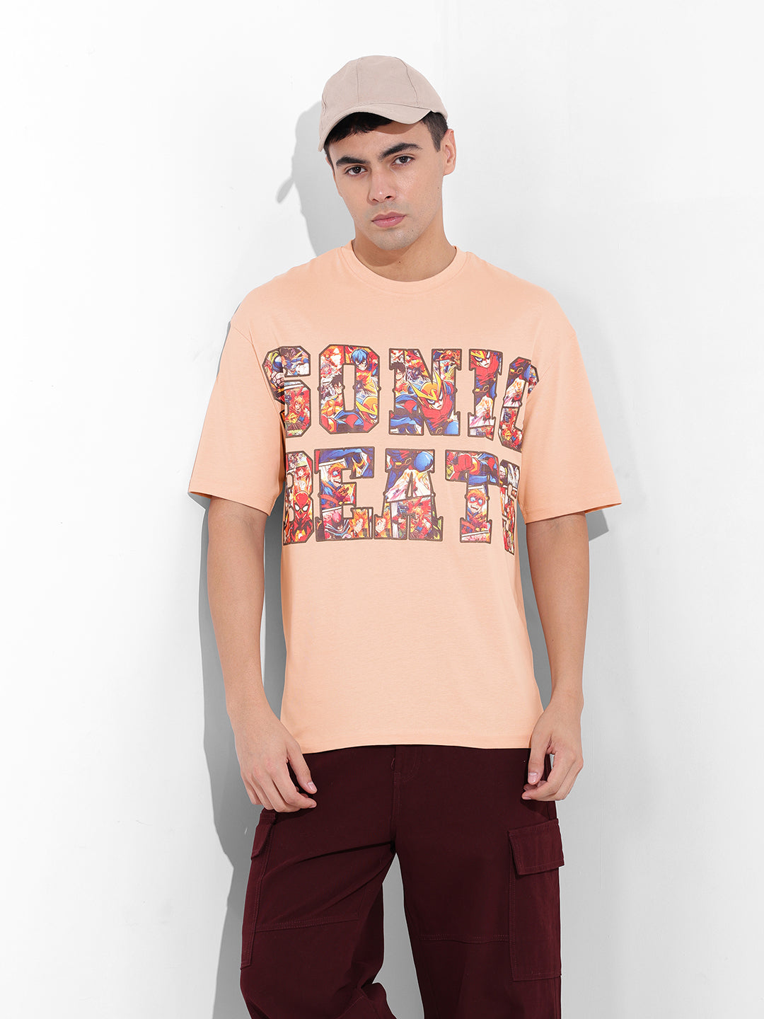 Men's Beige Boxy Oversized Placement Print Round Neck T-shirt