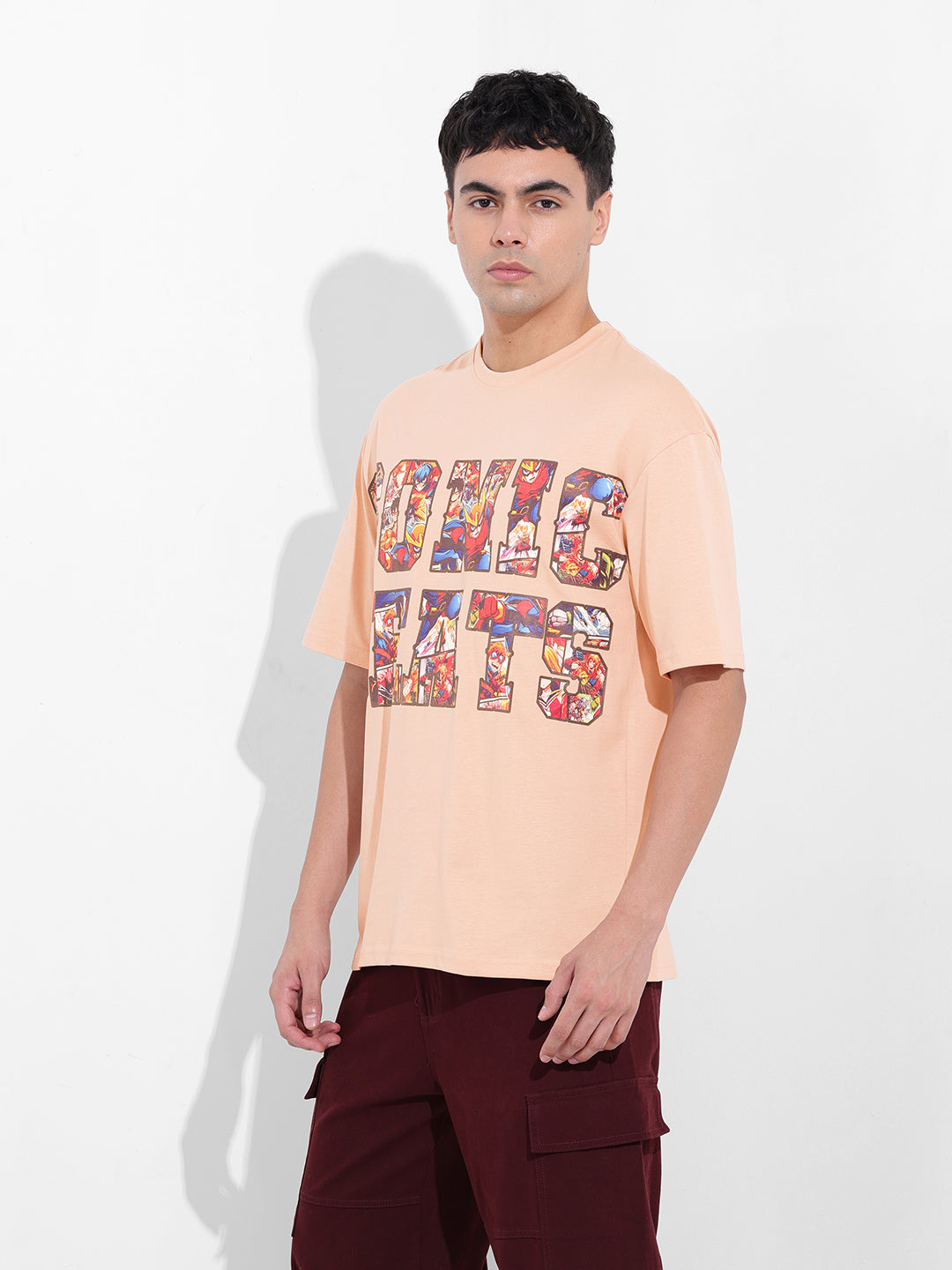 Men's Beige Boxy Oversized Placement Print Round Neck T-shirt