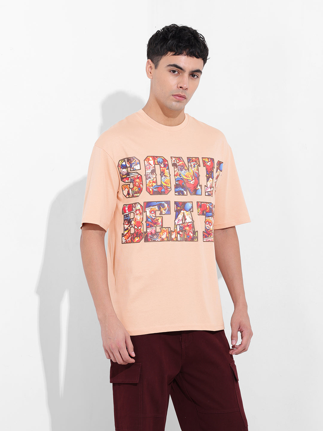 Men's Beige Boxy Oversized Placement Print Round Neck T-shirt