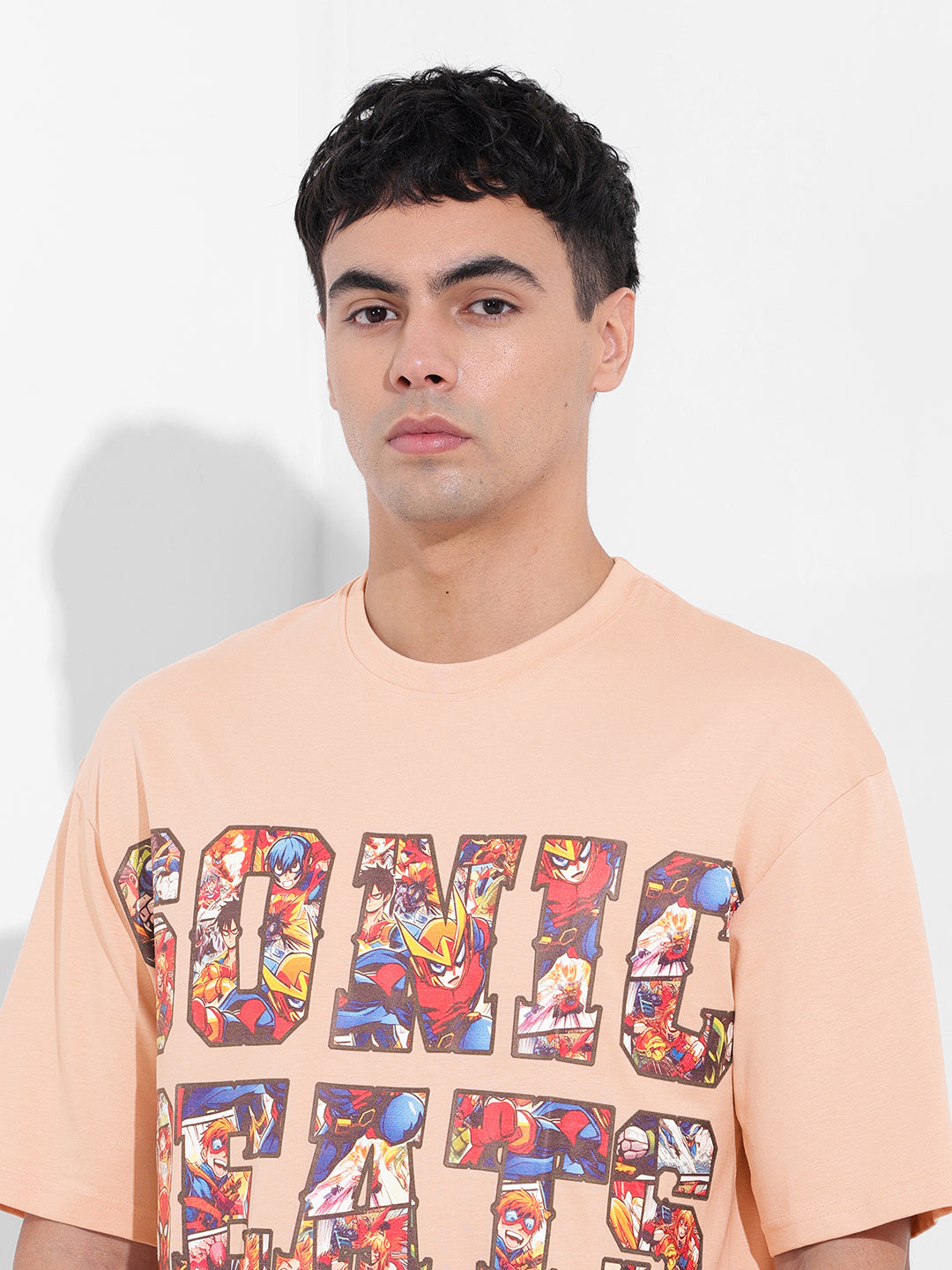 Men's Beige Boxy Oversized Placement Print Round Neck T-shirt
