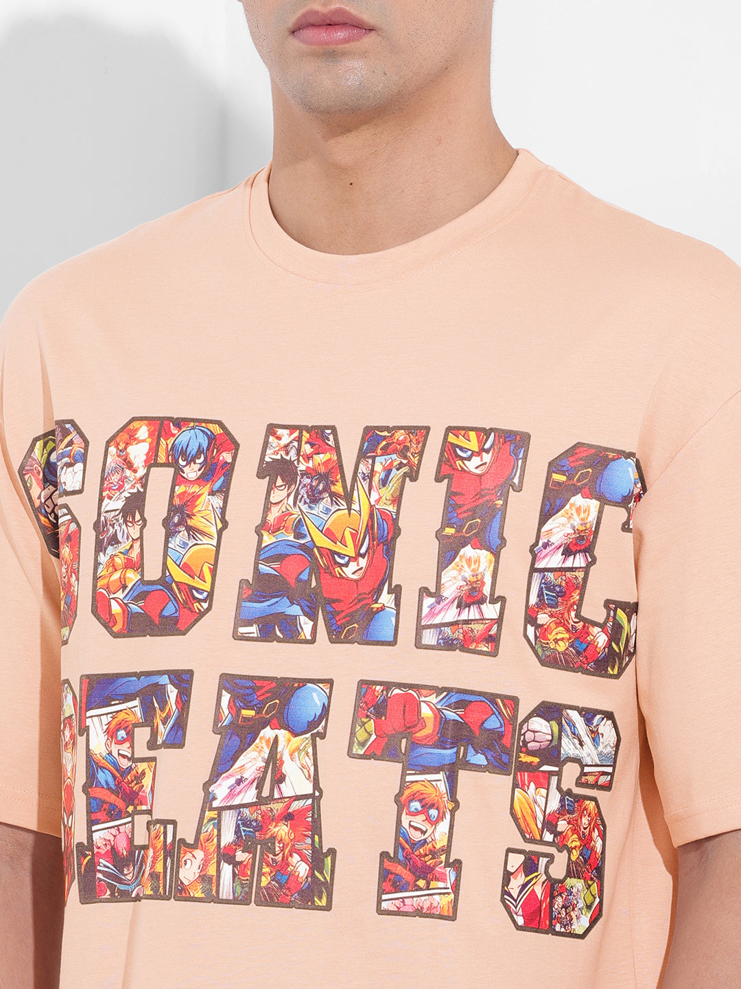 Men's Beige Boxy Oversized Placement Print Round Neck T-shirt