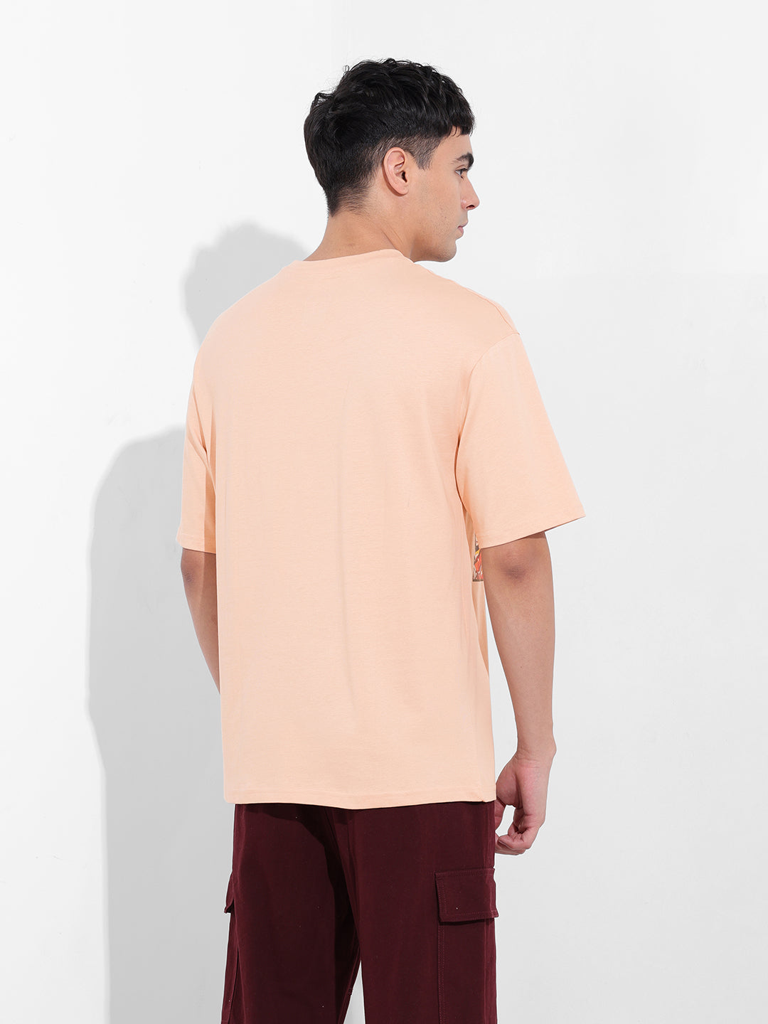 Men's Beige Boxy Oversized Placement Print Round Neck T-shirt