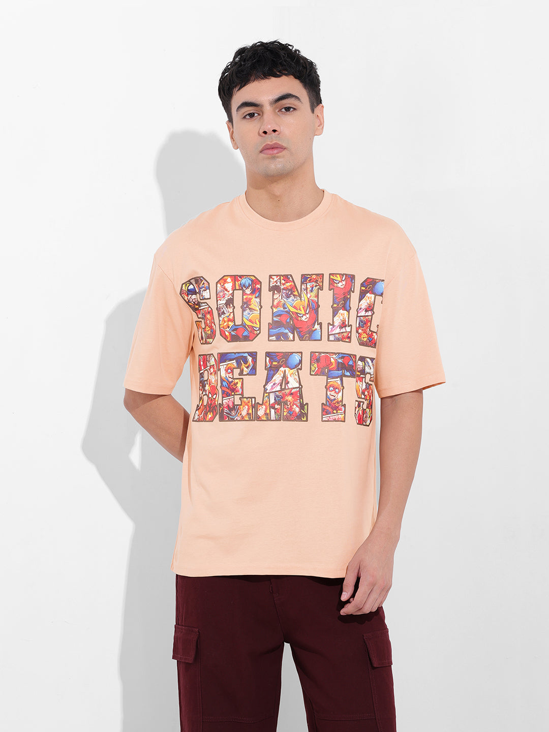 Men's Beige Boxy Oversized Placement Print Round Neck T-shirt