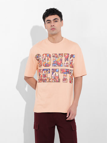 Men's Beige Boxy Oversized Placement Print Round Neck T-shirt
