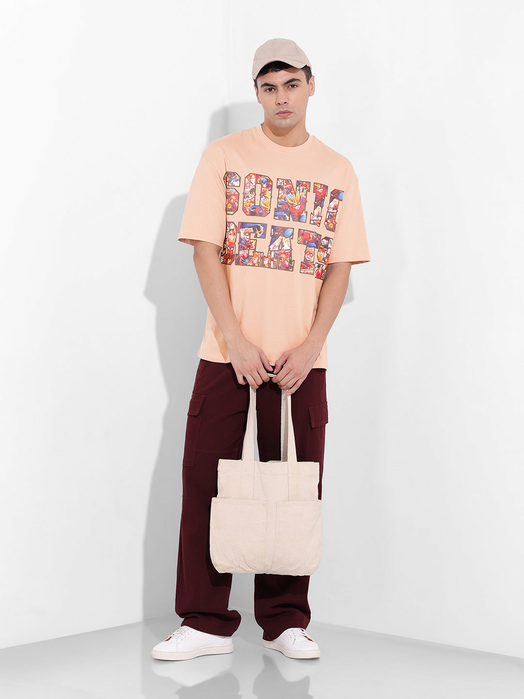 Men's Beige Boxy Oversized Placement Print Round Neck T-shirt
