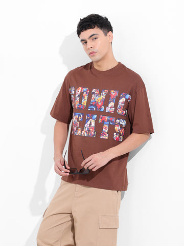 Men's Brown Boxy Oversized Placement Print Round Neck T-shirt