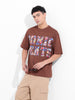 Men's Brown Boxy Oversized Placement Print Round Neck T-shirt