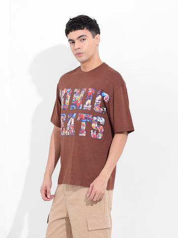 Men's Brown Boxy Oversized Placement Print Round Neck T-shirt