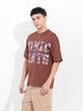 Men's Brown Boxy Oversized Placement Print Round Neck T-shirt