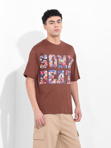 Men's Brown Boxy Oversized Placement Print Round Neck T-shirt