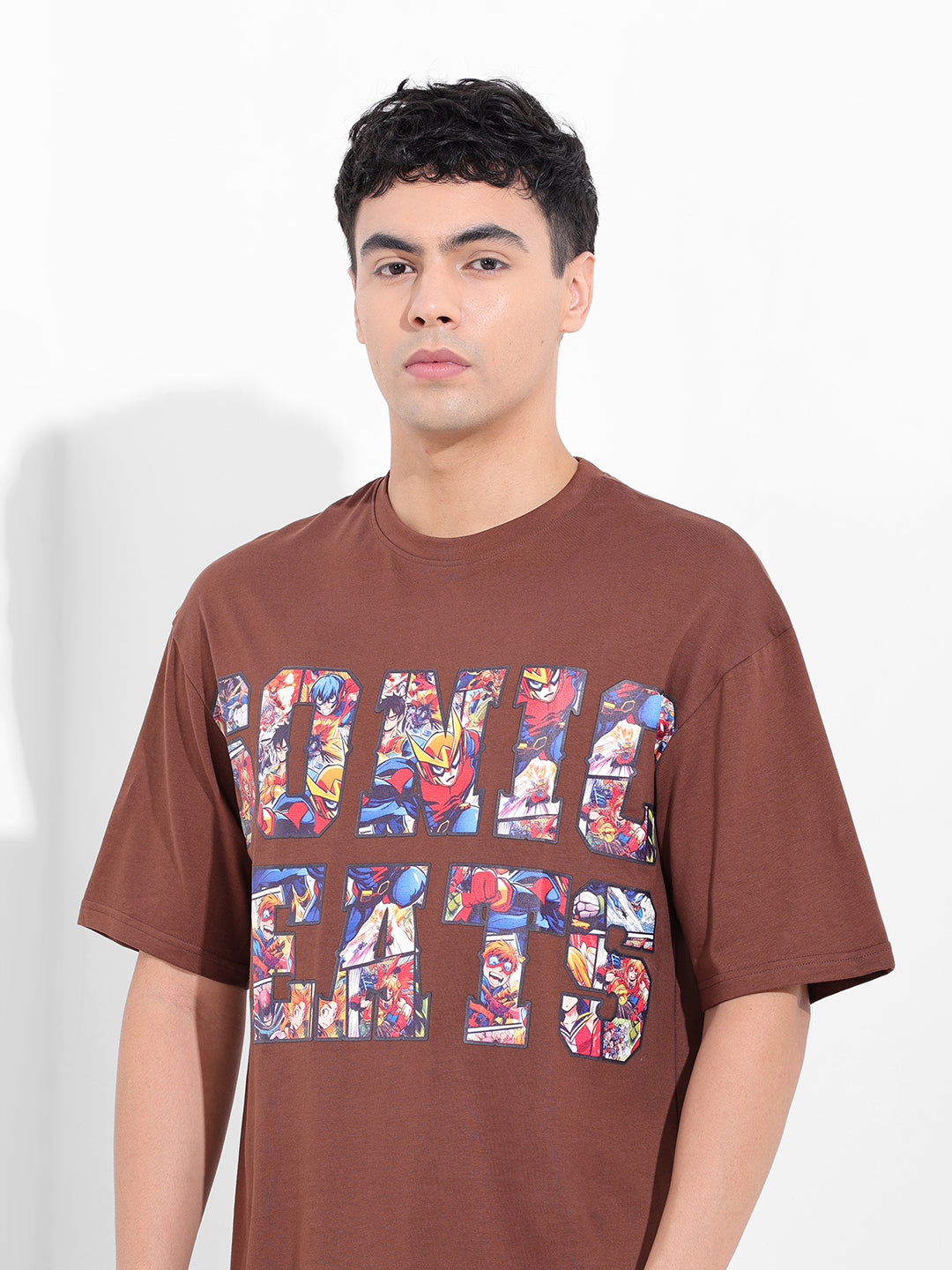 Men's Brown Boxy Oversized Placement Print Round Neck T-shirt