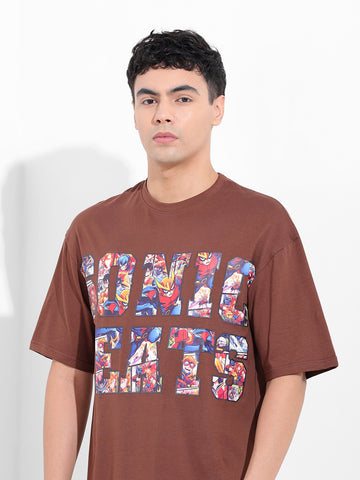 Men's Brown Boxy Oversized Placement Print Round Neck T-shirt