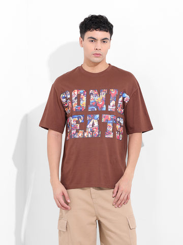Men's Brown Boxy Oversized Placement Print Round Neck T-shirt
