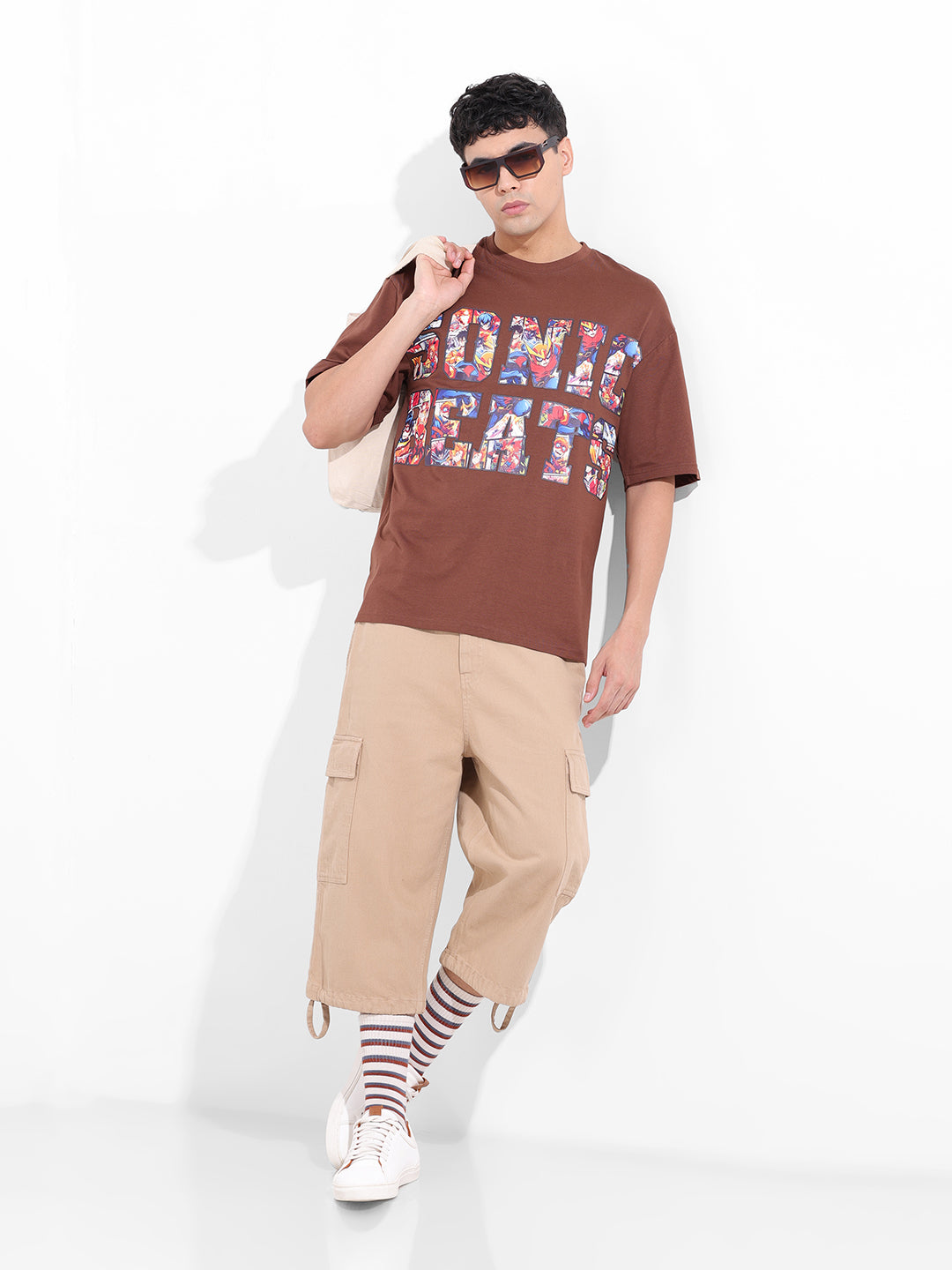 Men's Brown Boxy Oversized Placement Print Round Neck T-shirt