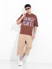 Men's Brown Boxy Oversized Placement Print Round Neck T-shirt